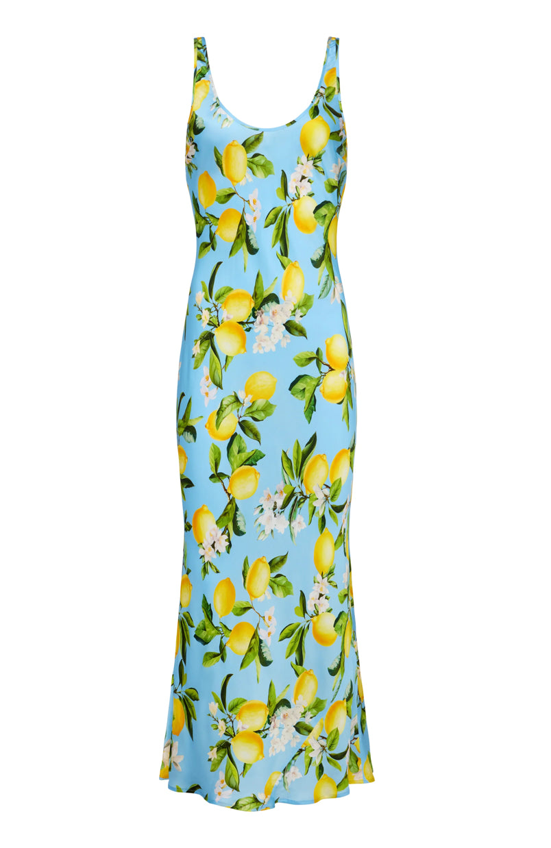 La61120 Lemon Floral Silk Slip Dress
