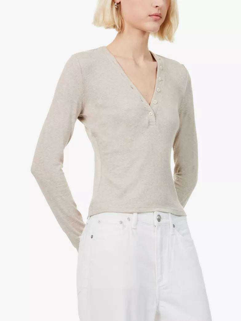 Frjkt020 Oatmeal Rib Henley Top