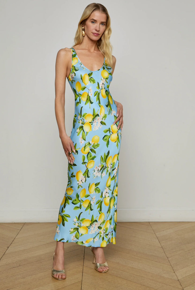 La61120 Lemon Floral Silk Slip Dress