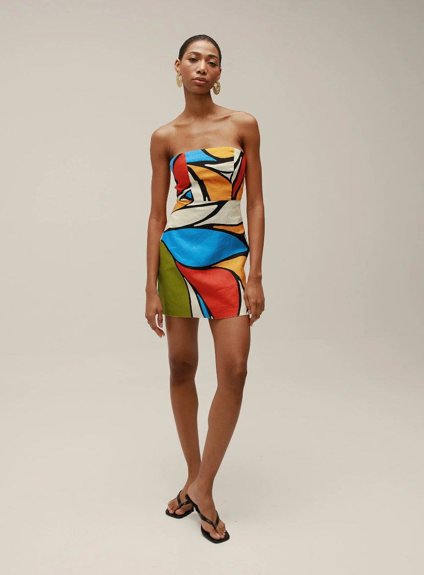 Caa027 Abstract Linen Mini Dress