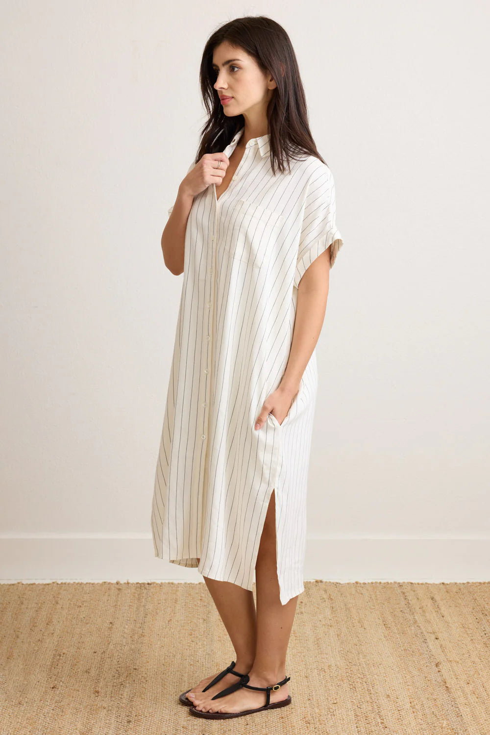 Nm0311 Ivory & Black Stripe Shirtdress