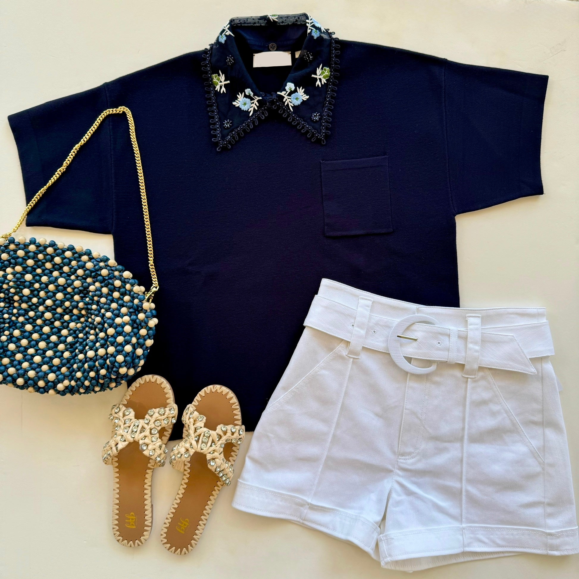 Eshideal Navy Embellished Polo Top