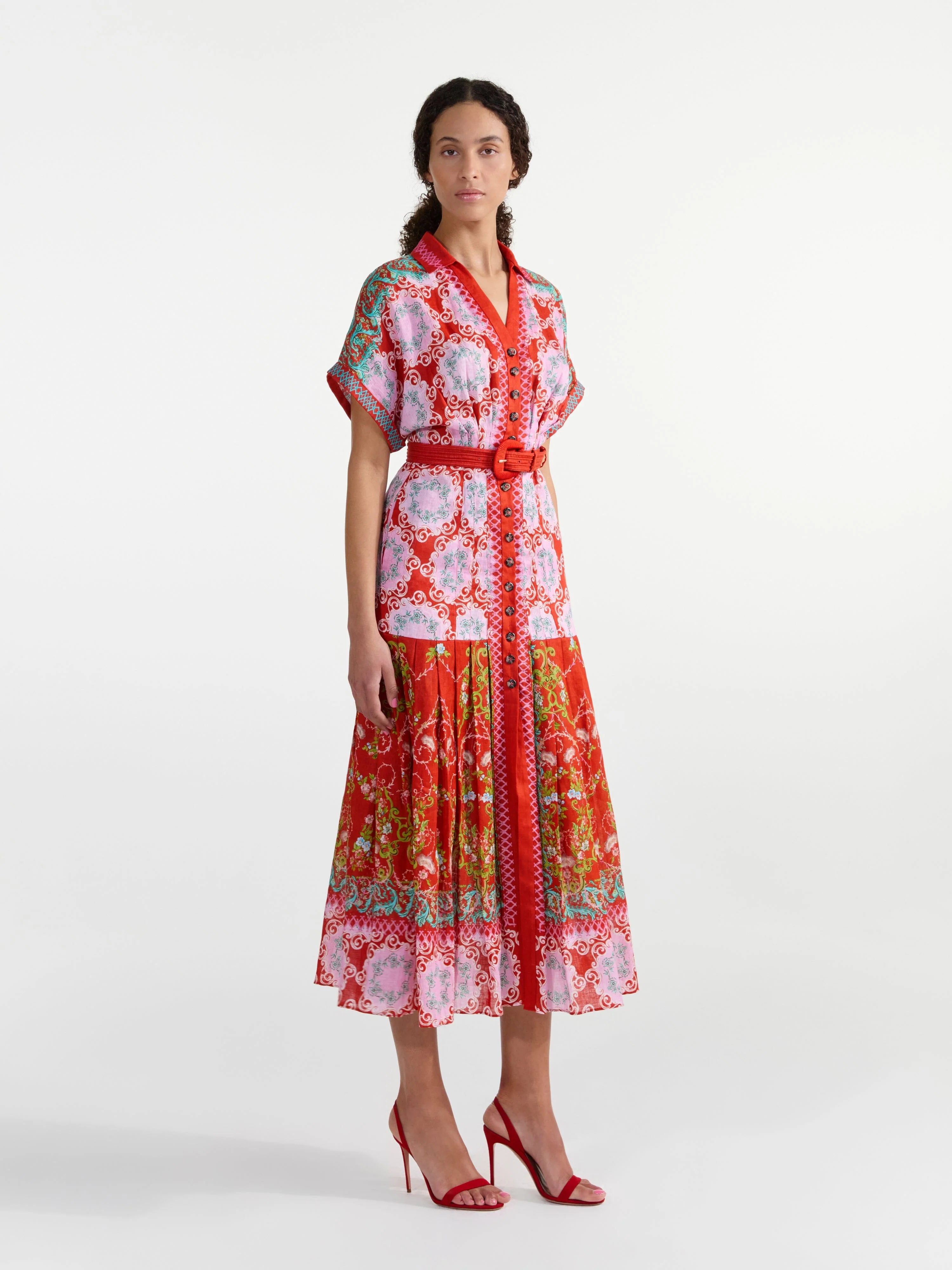 Sa18033 Coral Linen Midi Dress