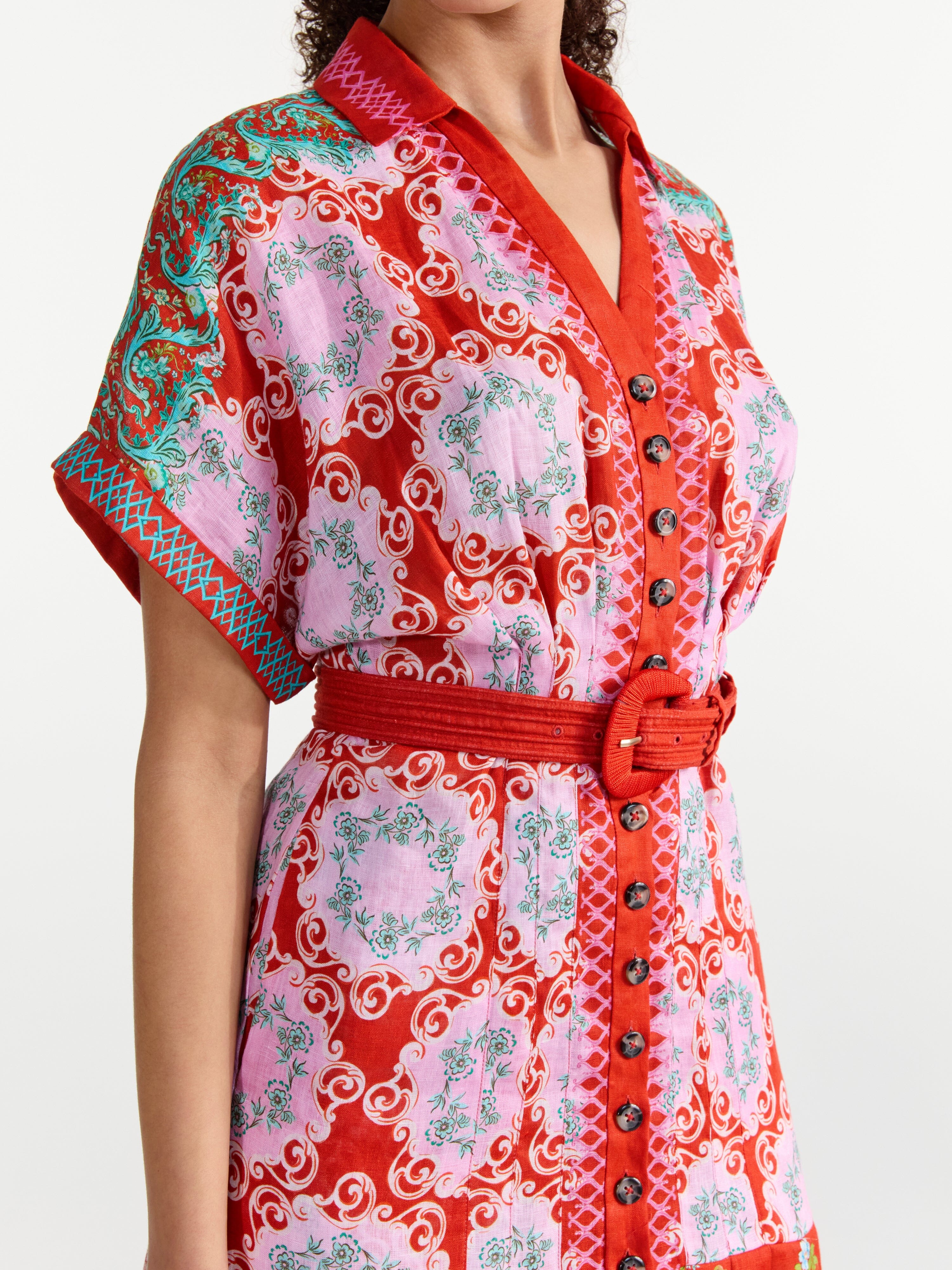 Sa18033 Coral Linen Midi Dress
