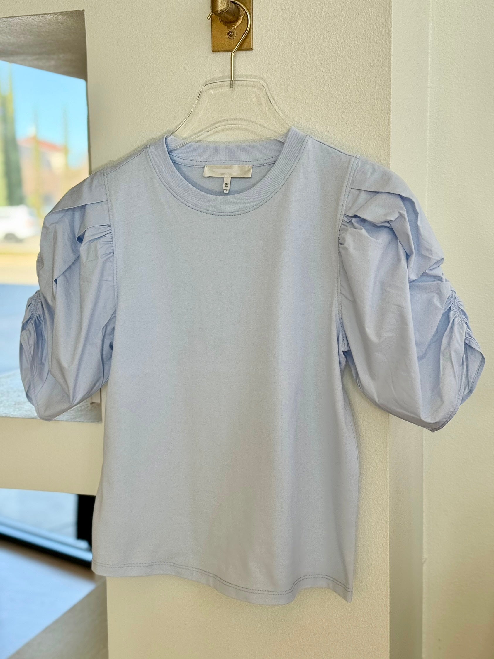 Frjkt002 Light Blue Pleated Puff Sleeve Top