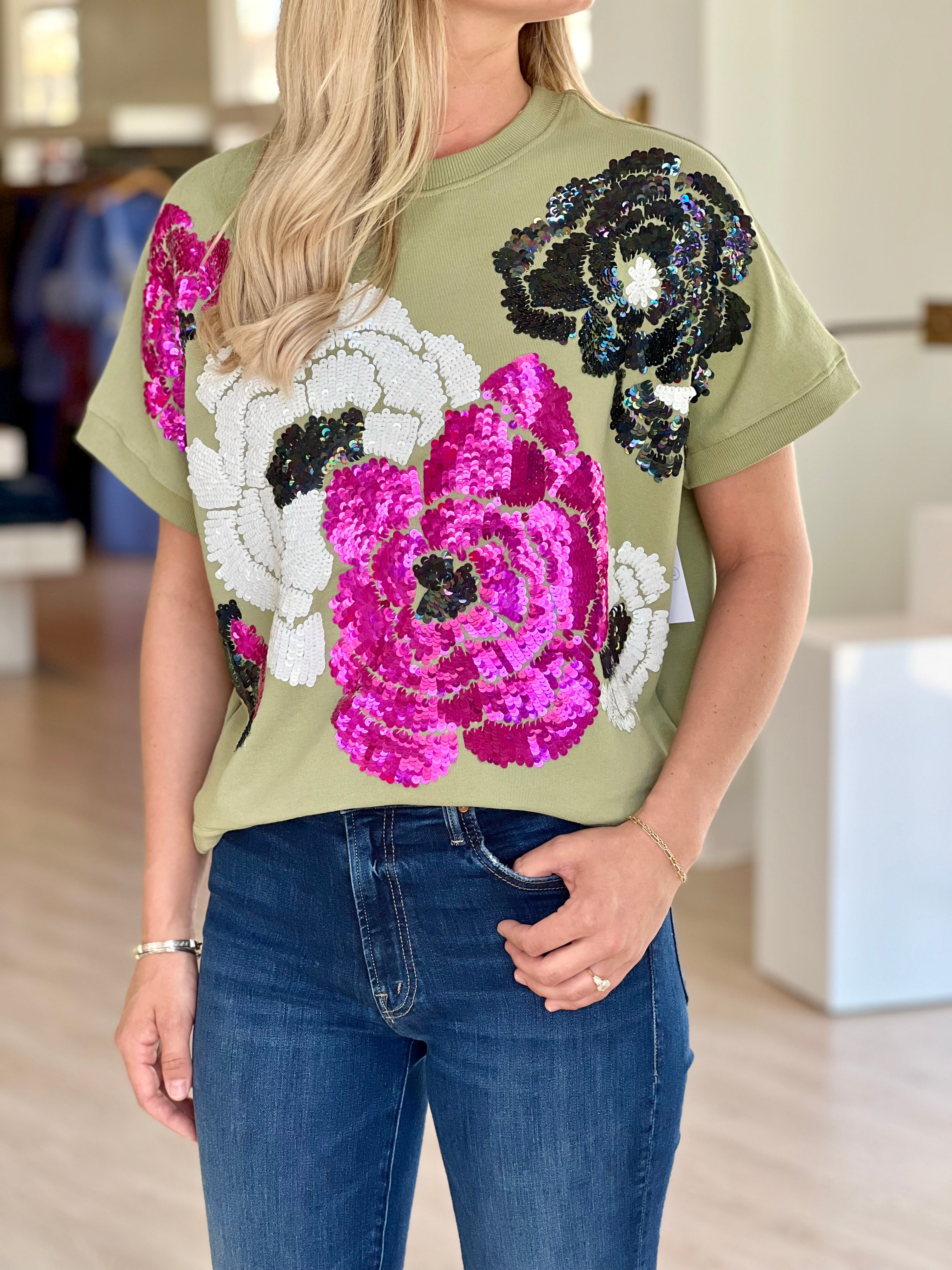 Esfloraly Sequin Flower Sweatshirt