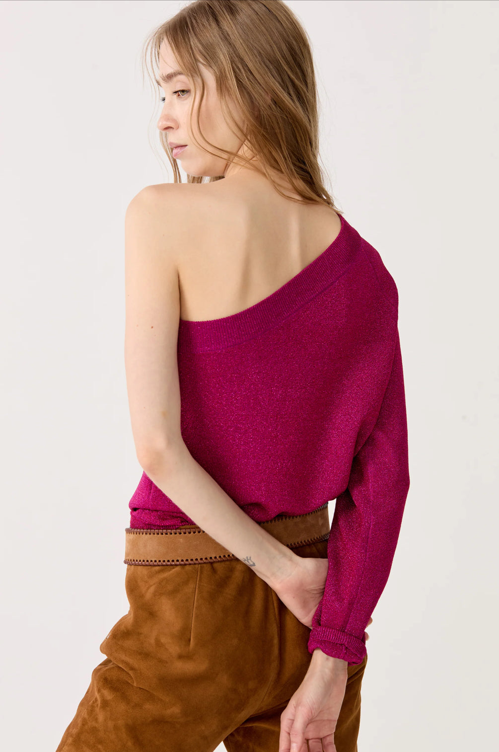 La1706 One Shoulder Glitter Knit Top