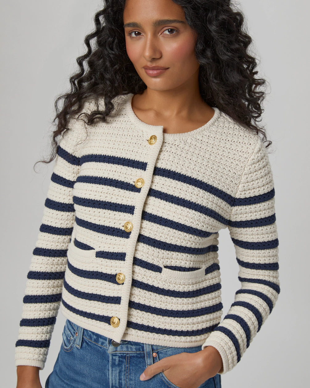 Pa12095 Navy Stripe Cardigan