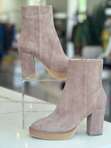 Lo335 Suede Stacked Heel Bootie - Taupe