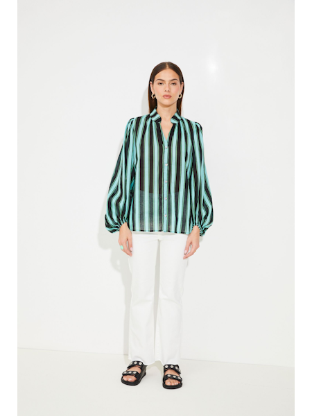 Su7198 Turquoise Stripe Puff Sleeve Top