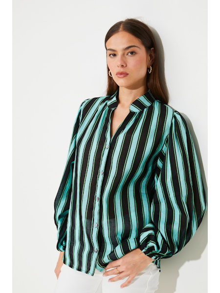 Su7198 Turquoise Stripe Puff Sleeve Top