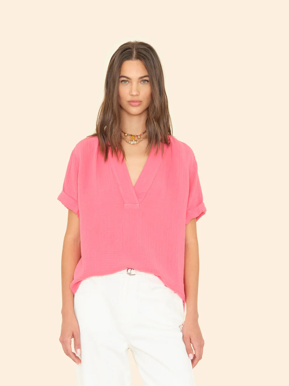 Xix5chg004 Coral Gauze Popover Top