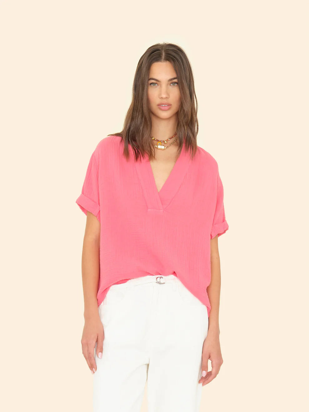 Xix5chg004 Coral Gauze Popover Top